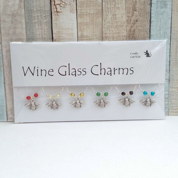 Set of 6 bee wine glass charms in gift packaging