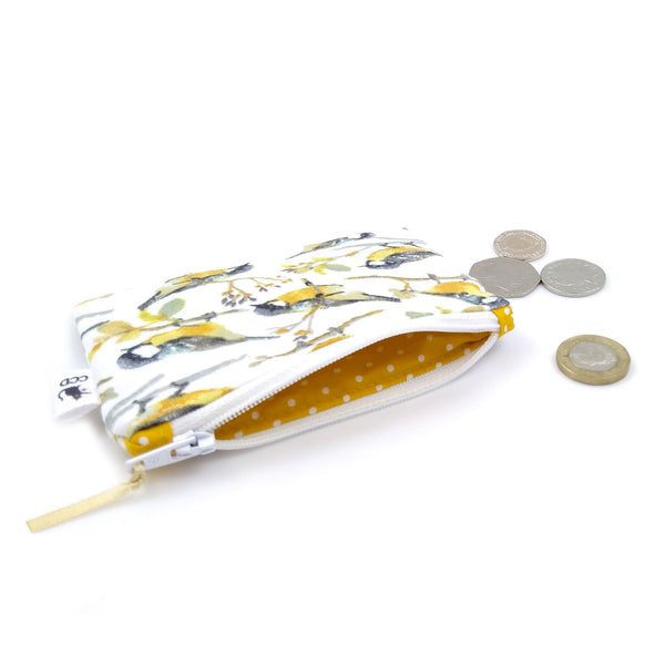 Birds coin purse with yellow lining and coins
