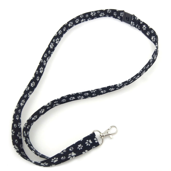 Black fabric lanyard from above showing both sides