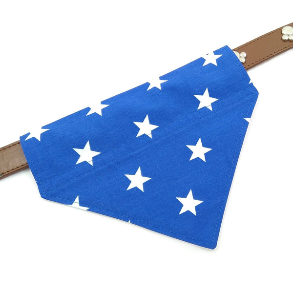 Blue with white stars dog bandana front from above