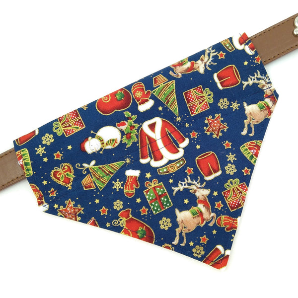 Navy blue Santa slide on dog bandana on collar