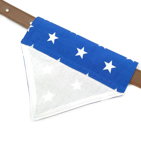 Blue with white lining dog bandana back from above on 1" collar