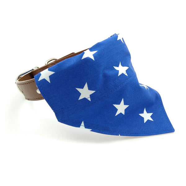 Blue dog bandana with white stars on 1" collar