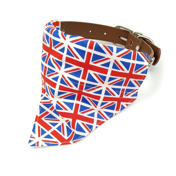 British flag dog bandana on dog collar from front