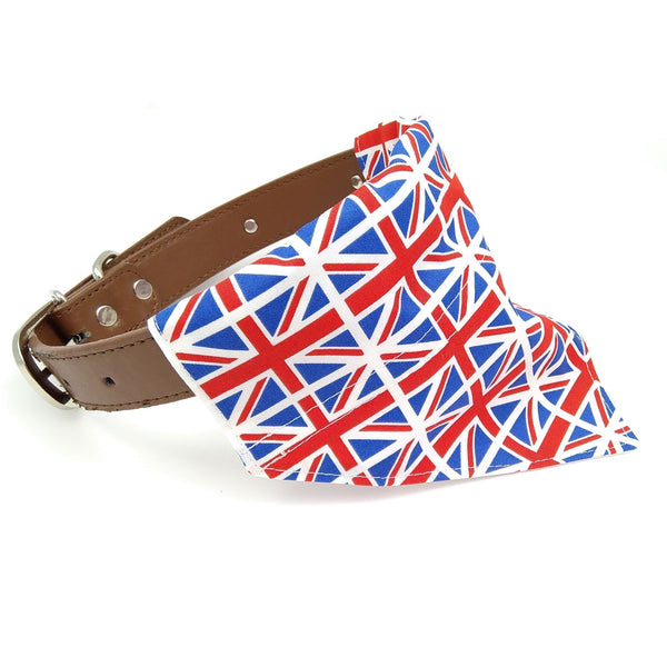 British flag dog bandana on dog collar from side