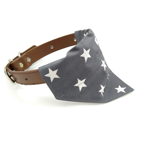 grey with white stars dog bandana on collar from side