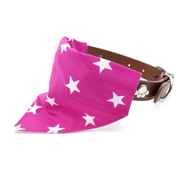 Pink with white stars dog neckerchief on dog collar