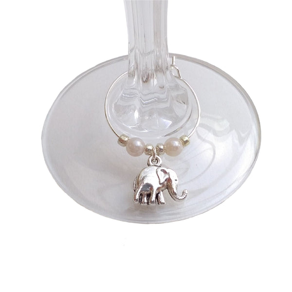 Elephant wine charm clipped onto wine glass