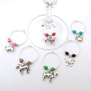 Farm animal wine glass charms including pig, cow, sheep, hen, goat and horse