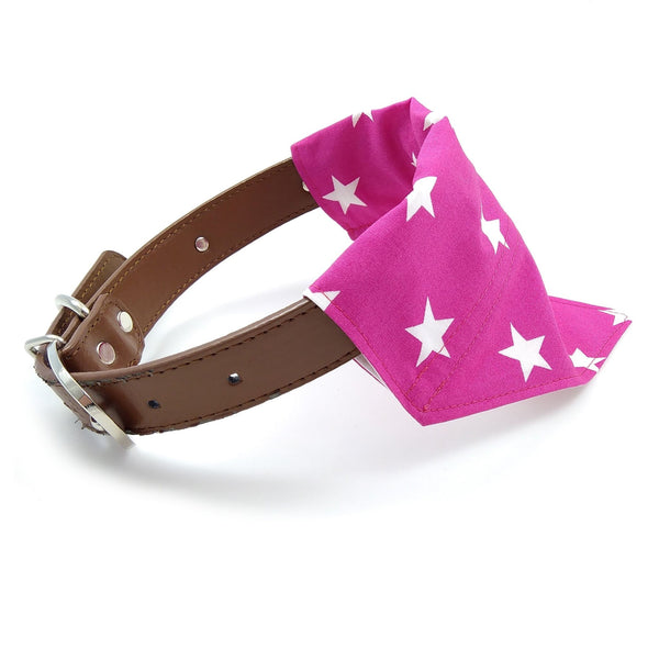 Pink fashion dog bandana on collar from side