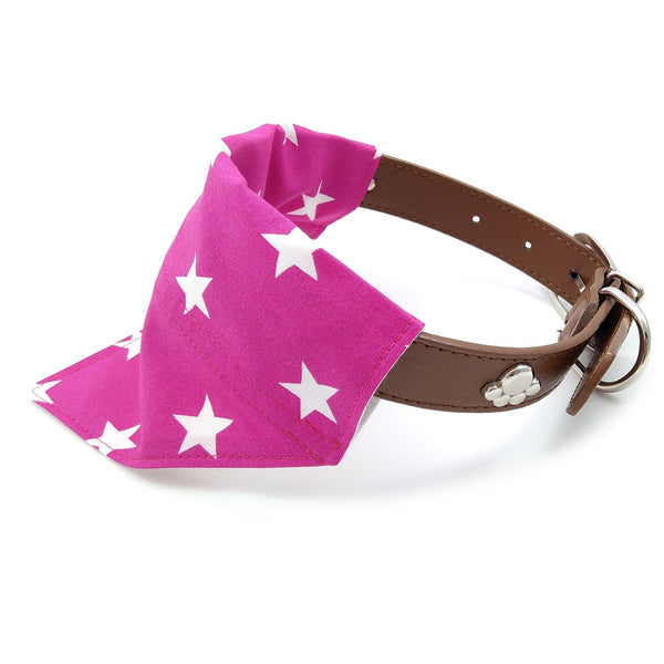Pink dog neckerchief on dog collar from side