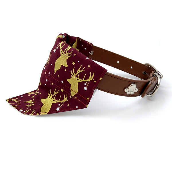 Burgundy with gold stags dog bandana on dog collar