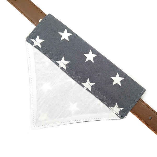 back of gray with white stars lined dog bandana on collar from above