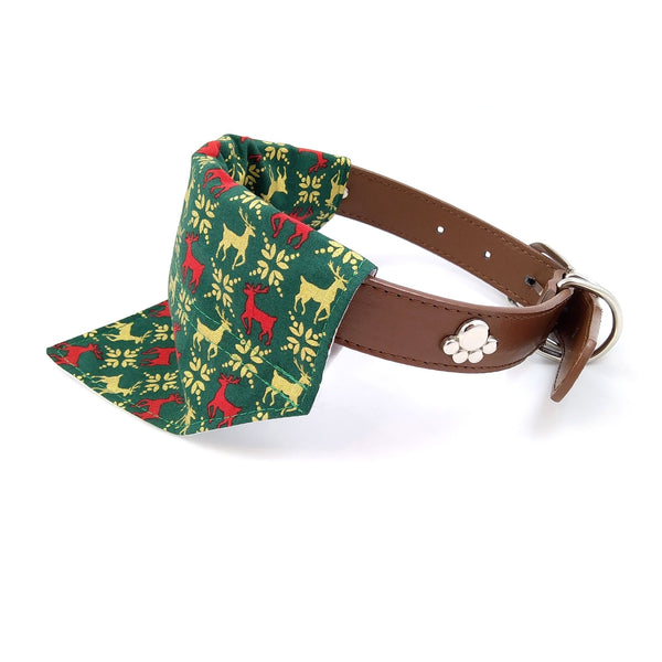 Green and gold reindeer dog bandana on collar