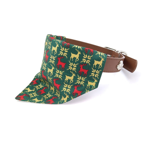 Green and gold reindeer puppy bandana on dog collar