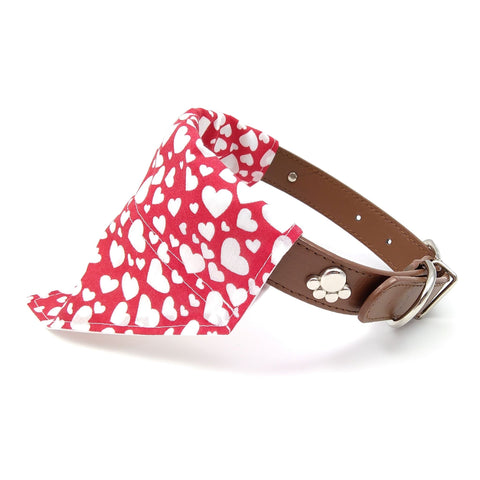 Red hearts bandana on dog collar from side