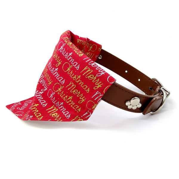 Red Merry Christmas puppy bandana on dog collar