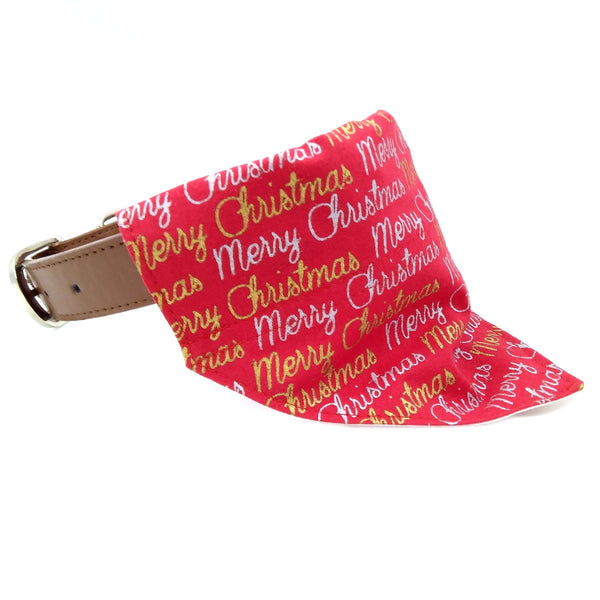 Red silver and gold merry Christmas puppy neckerchief on dog collar