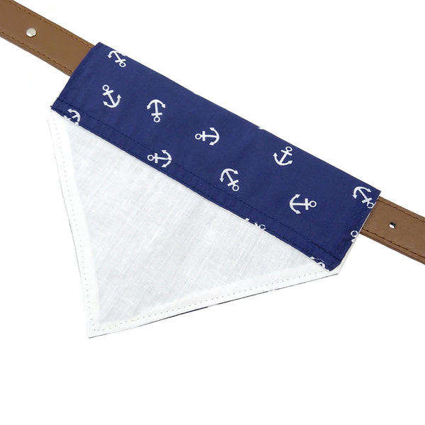 Navy anchors slide on dog collar bandana with white lining