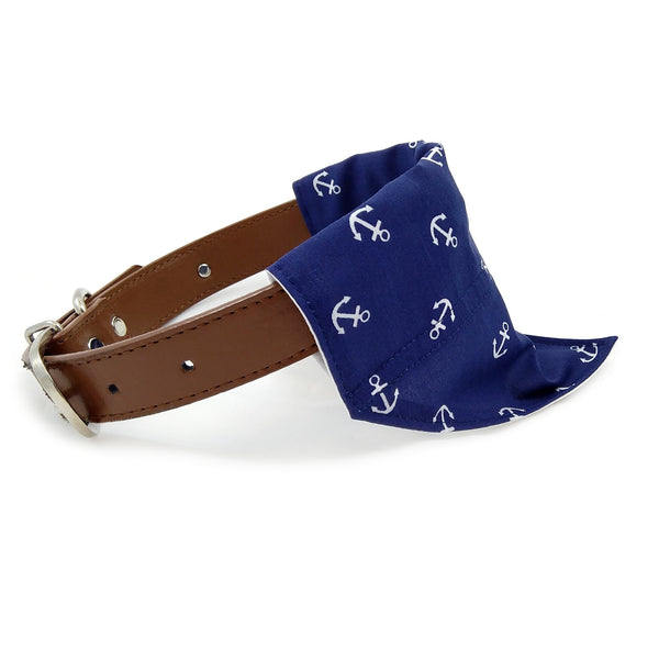Navy with white anchors puppy bandana on dog collar
