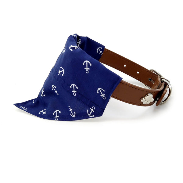 Navy and white anchors dog bandana on collar