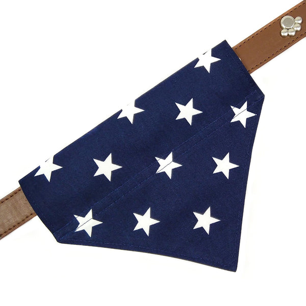 Navy and white dog bandana on collar from above