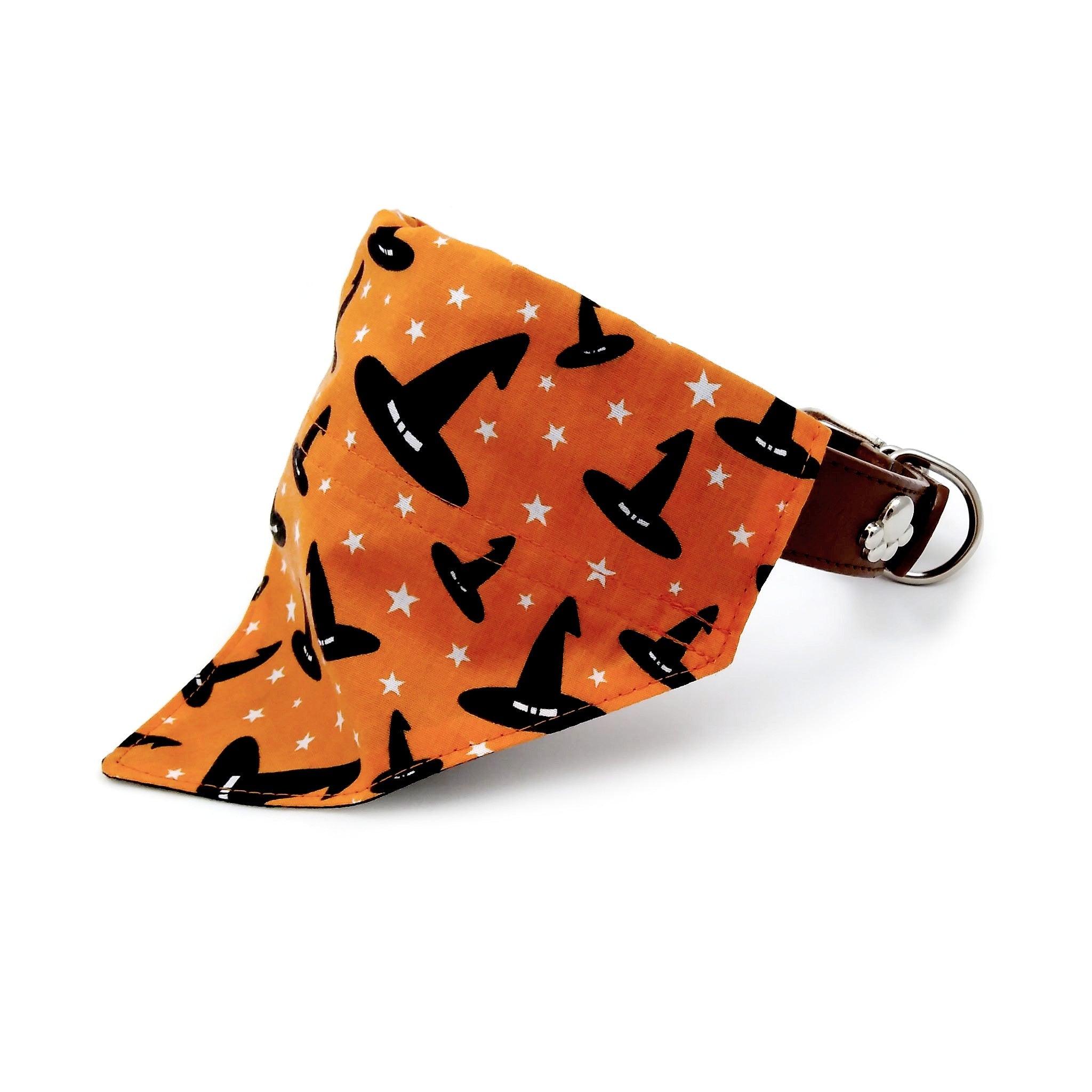Orange and black witches hats dog bandana on collar