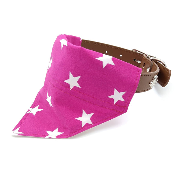 Pink and white stars dog bandana on collar from front