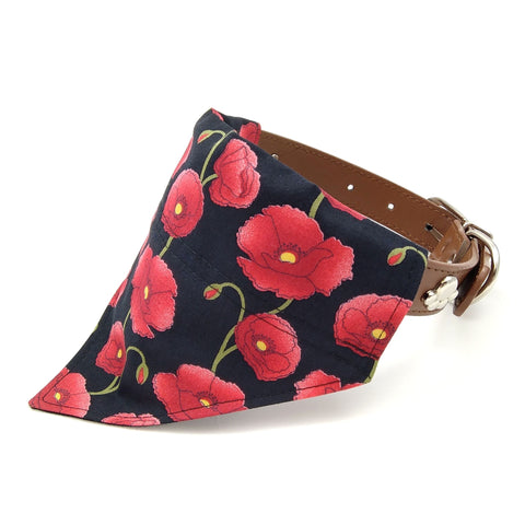 black with red poppies dog bandana on collar