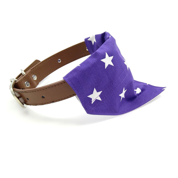 Purple with white stars neckerchief on dog collar from side