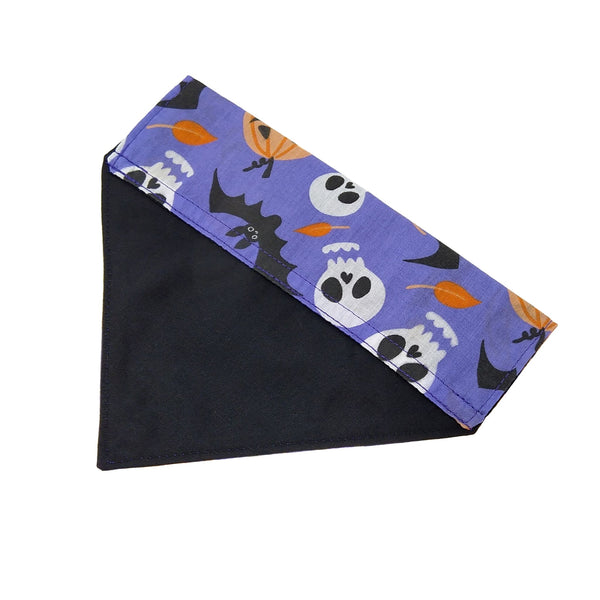 Purple bats and pumpkins lined dog scarf