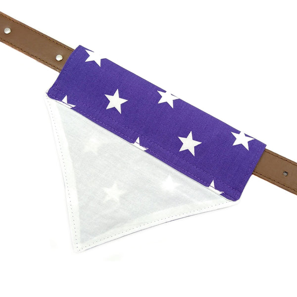 Back of purple and white lined dog collar bandana from above