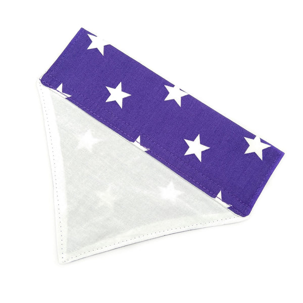 Back of purple stars lined dog bandana from above