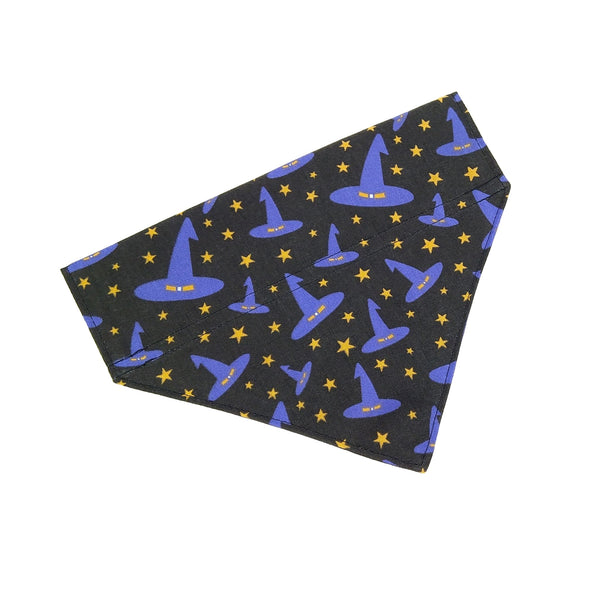Black with purple witches hats and yellow stars dog scarf