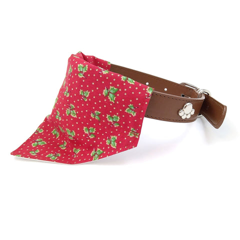 Red Holly Christmas dog bandana on collar