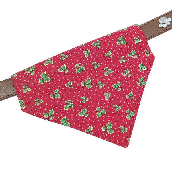 Red Holly slide on dog bandana on collar