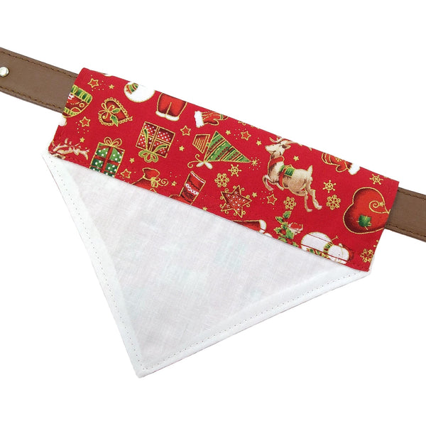 Red lined Santa slip on dog bandana on collar