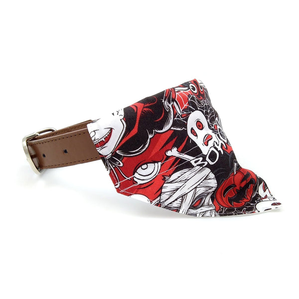 Red and black spooky Halloween puppy neckerchief on collar