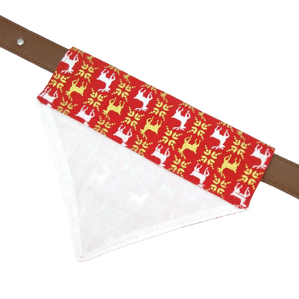 Red and gold lined reindeer slip on dog bandana