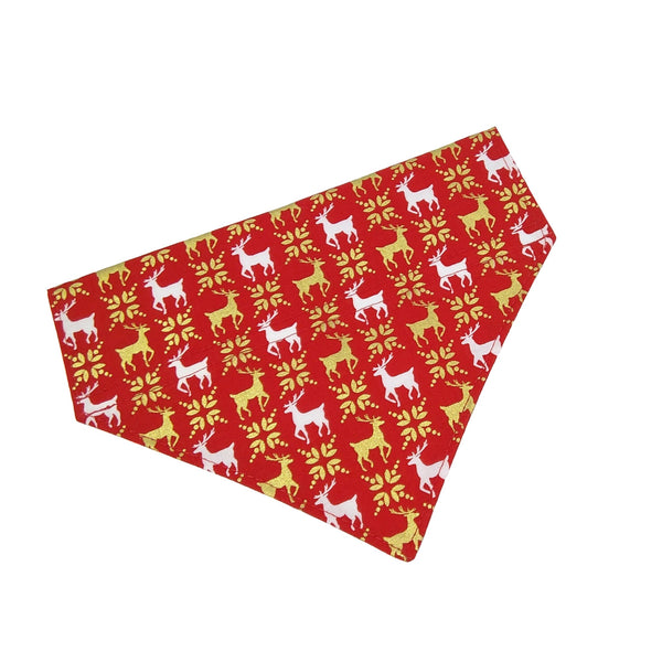 Red and gold reindeer slide on dog bandana