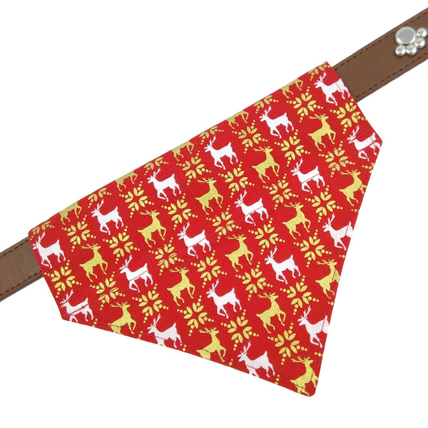 Red and gold reindeer slip on dog bandana on collar