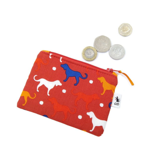 Red cotton dog purse and coins