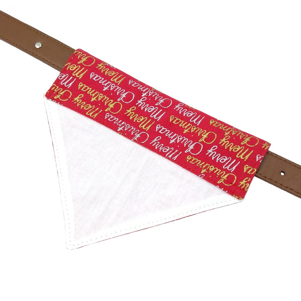Red merry Christmas dog bandana with white cotton lining on collar