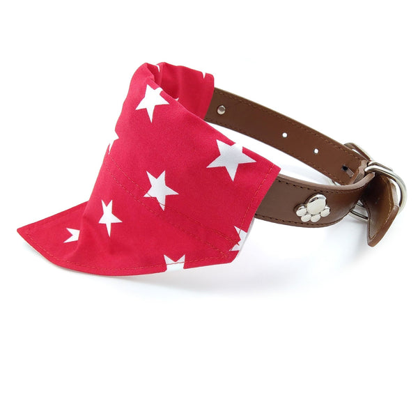 Red with white stars dog neckerchief on collar from side