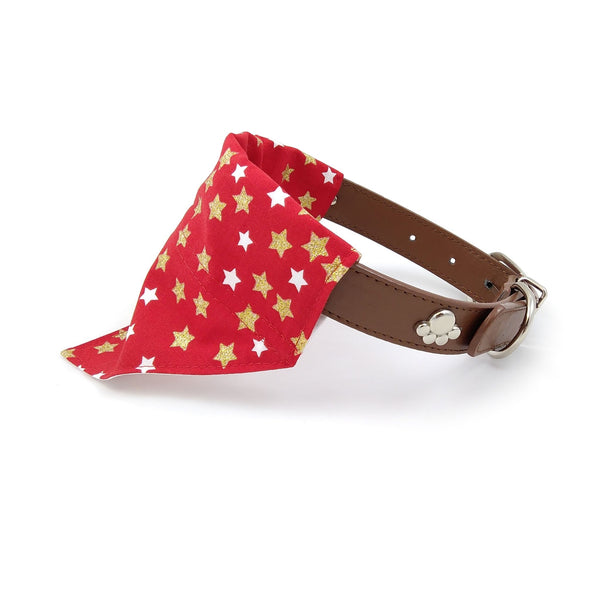Red with gold and white stars dog bandana on collar