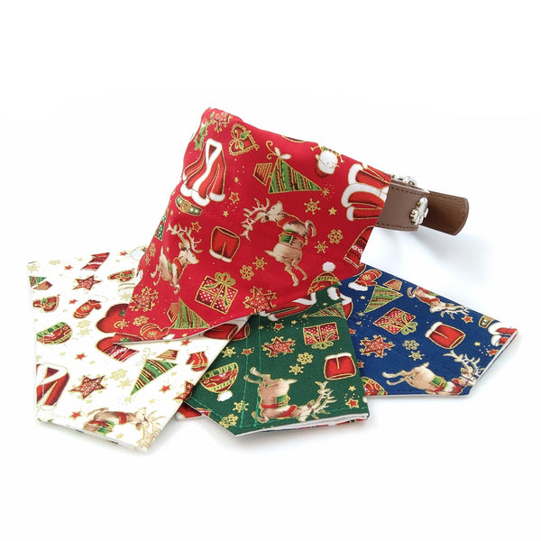 Santa dog bandanas in red, green, blue and antique white