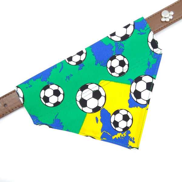 Soccer dog bandana on collar from above