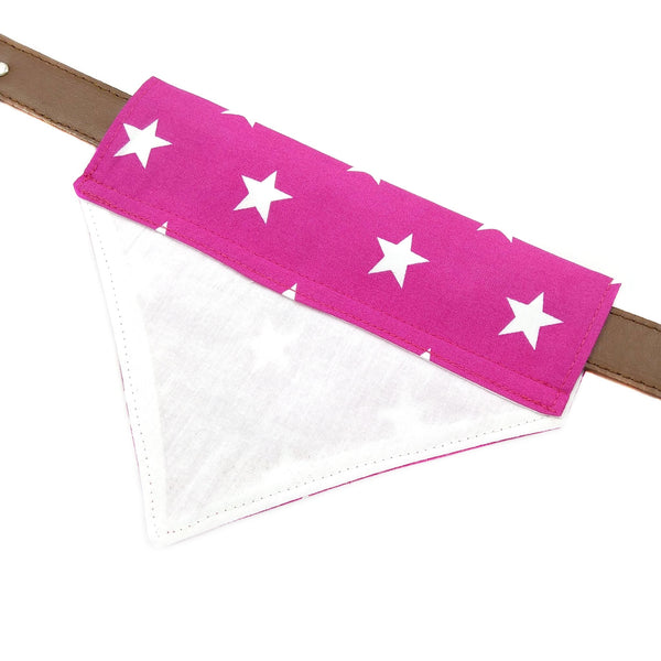 Back of lined pink stars dog bandana on collar from above
