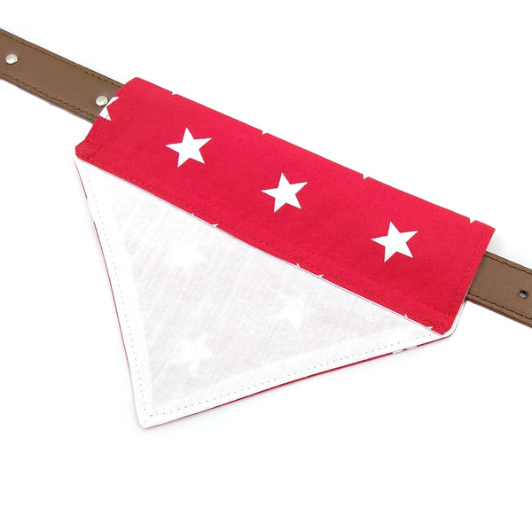 Back view of red dog bandana with white lining on collar from above