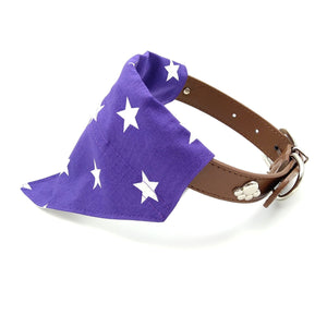 Purple stars dog bandana on collar from side